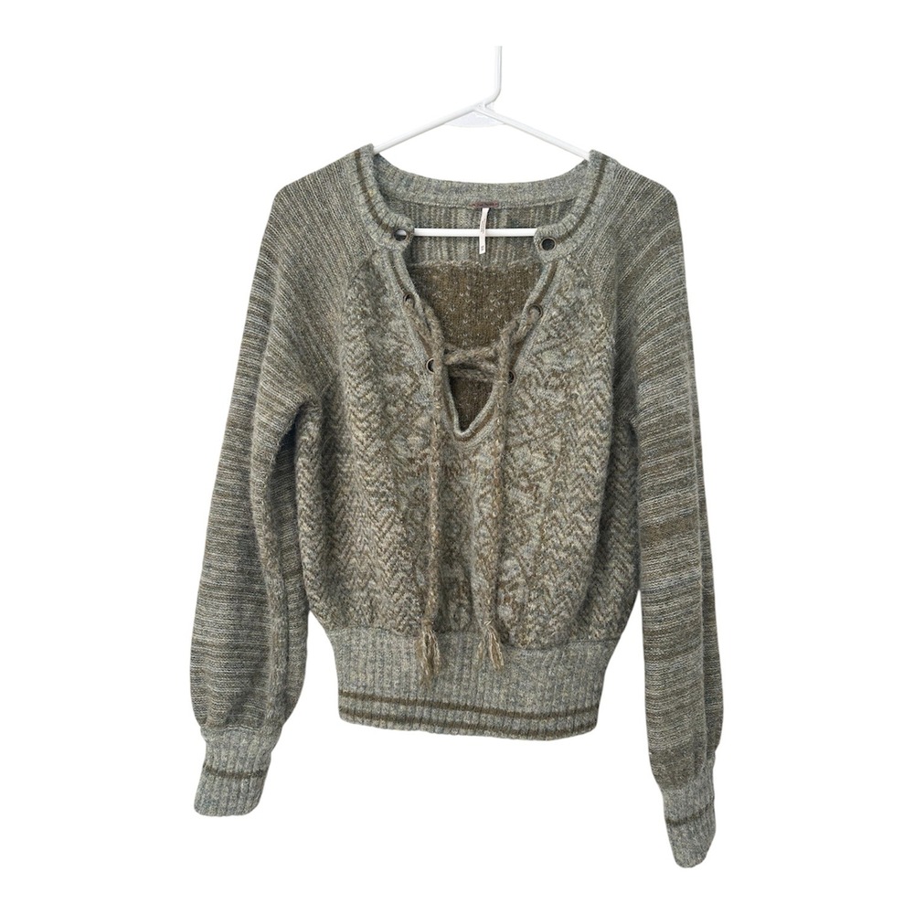 Free People Lace Up Front Wool Alpaca Blend Sweater Olive Green Tan XS Boho